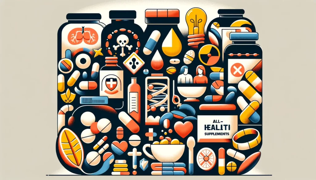 An illustration depicting the risks and side effects of dietary supplements in a memorable yet friendly manner. The image should convey the message th