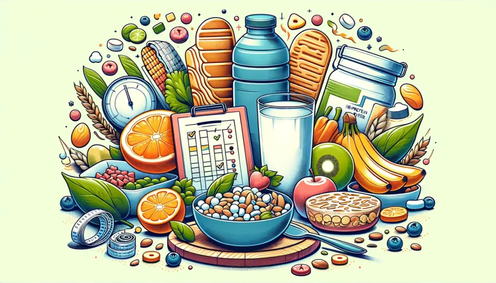 An illustration that captures the essence of a healthy lifestyle, focusing on high-protein snacks and diet for weight loss and wellness. The image sho