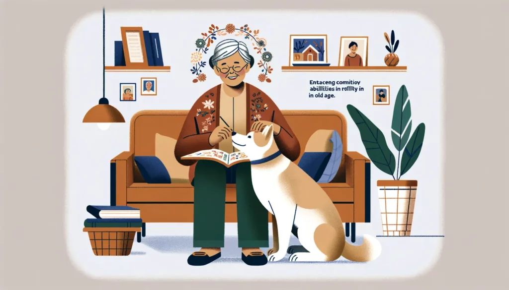 An illustration that captures the essence of companionship between elderly people and their pets, enhancing cognitive abilities in old age. The scene