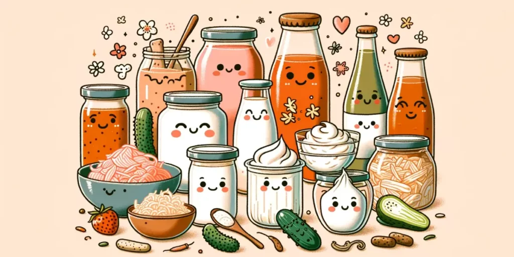 An illustration that embodies the health benefits of fermented foods. The image should be emotionally engaging, friendly, and slightly cute. It should