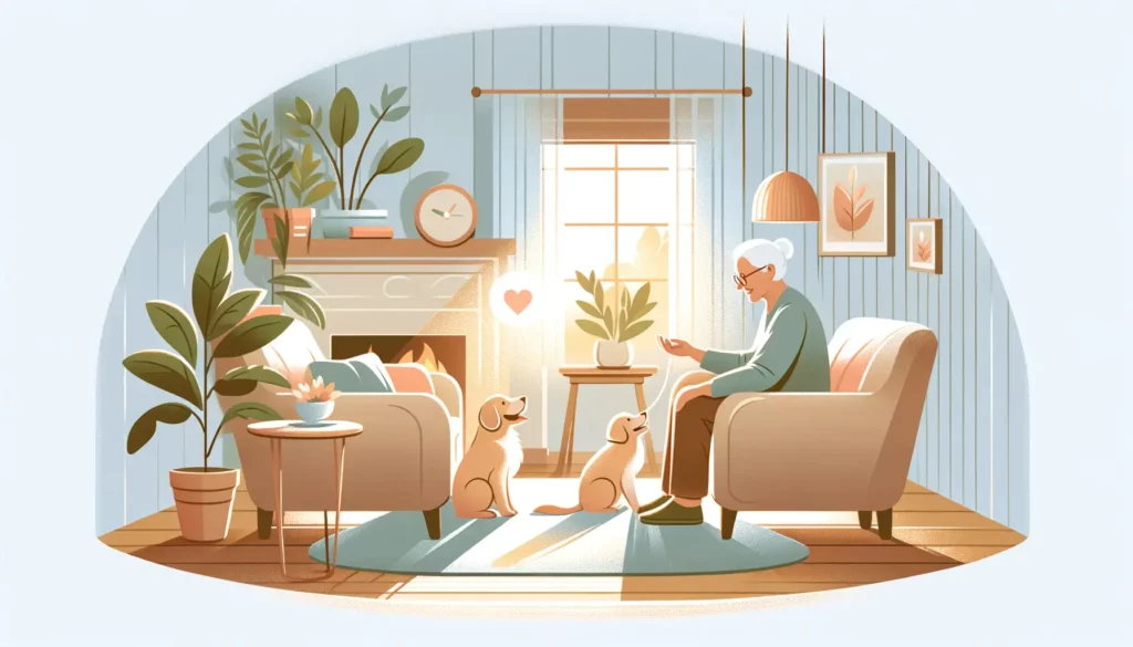 An illustration that portrays the positive impact of pet ownership on language memory and fluency in aging individuals. The image should depict an eld