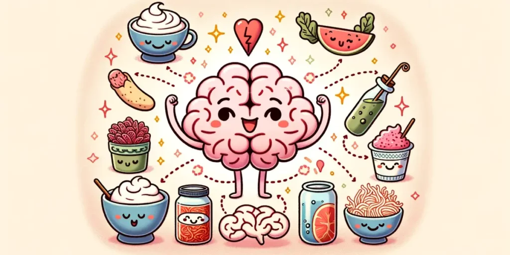 An illustration that visually represents the positive impact of fermented foods on mental health. The image should depict a healthy and happy brain co
