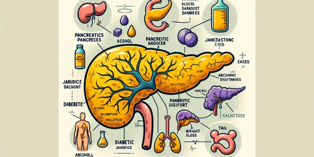 An illustrative diagram showing various conditions of the pancreas. The first section depicts pancreatitis with an inflamed pancreas, accompanied by s