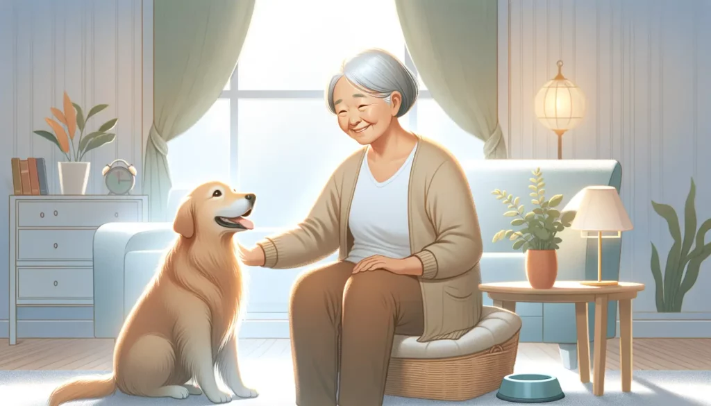 An illustration showing the positive impact of pets on elderly cognitive health. The image should be heartwarming and memorable, ideal for a feature i