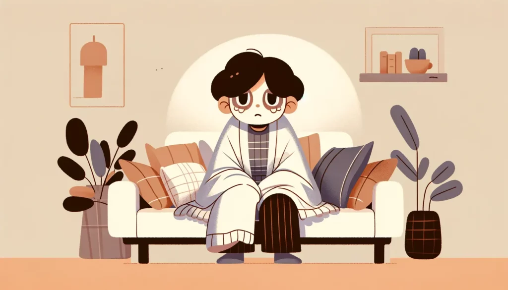 A cartoon-style illustration that captures the essence of chronic fatigue in a relatable and memorable way. The image features a character in a cozy,