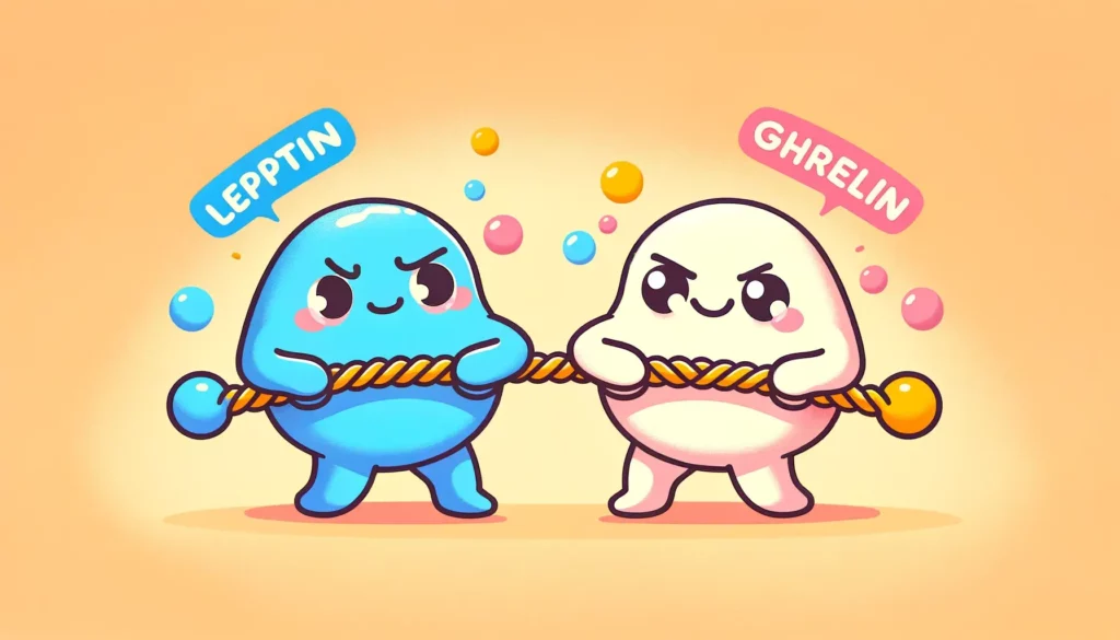 A colorful and friendly illustration representing the challenge of weight loss due to hormonal changes. The image features two cute cartoon characters