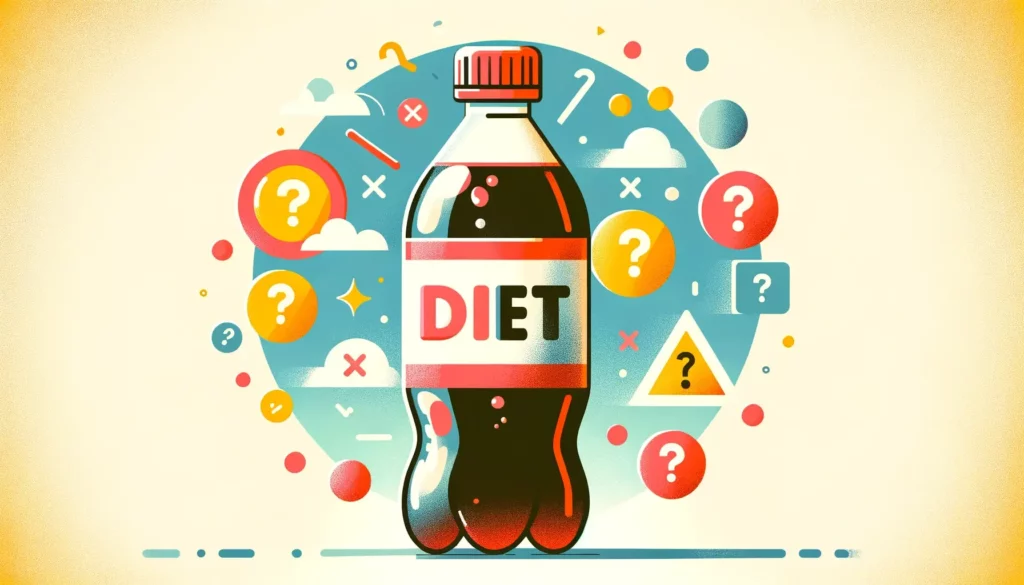 A colorful and friendly illustration representing the concept of diet soda and its potential health risks. The image features a cartoon-style bottle o