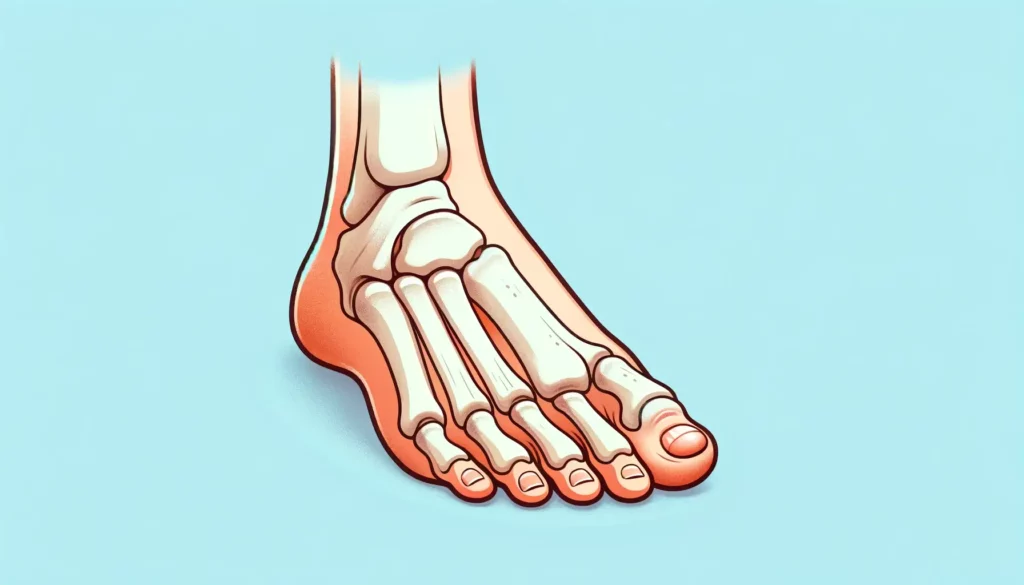 A medical illustration representing hallux valgus, commonly known as bunion, in a simple and friendly style. The image should depict a human foot show