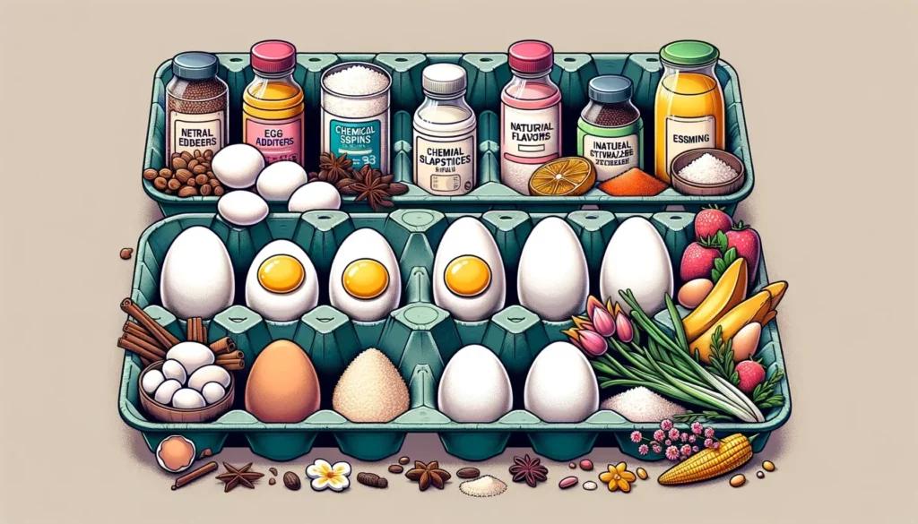 A visually appealing and memorable illustration representing egg substitutes containing various chemical additives like natural flavors, spices, and s