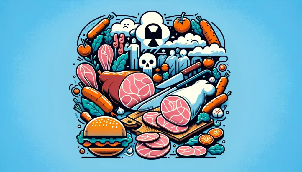 A visually appealing and memorable illustration representing the concept of processed meats like ham and sausages containing harmful nitrates and nitr