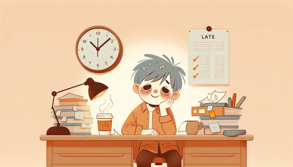 A warm and friendly illustration depicting the concept of chronic fatigue in a simple and memorable way. The image shows a cartoon character, looking