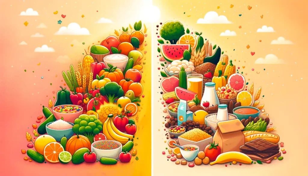 A warm and friendly illustration depicting the importance of food quality. The image shows two contrasting scenes. On one side, there's a vibrant, col