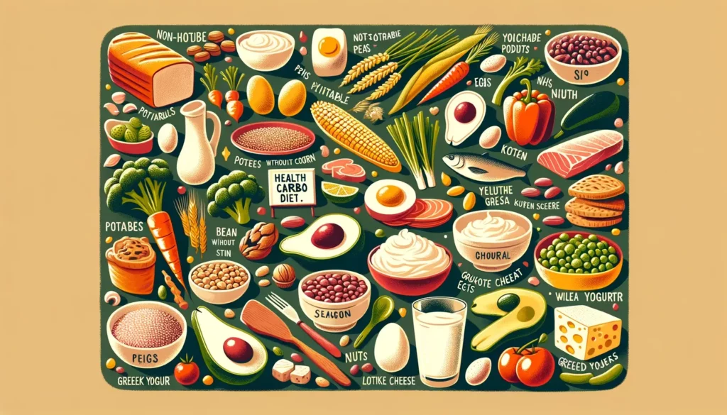 A warm and friendly illustration representing a healthy low-carbohydrate diet, featuring a variety of foods. The image includes non-starchy vegetables