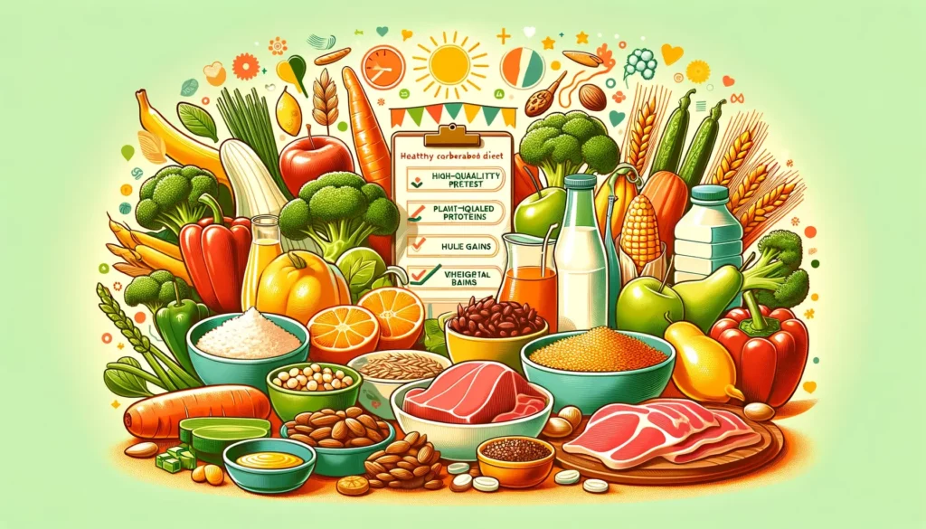 A warm and friendly illustration representing the positive effects of a healthy low-carbohydrate diet, as suggested by a Harvard University study. The