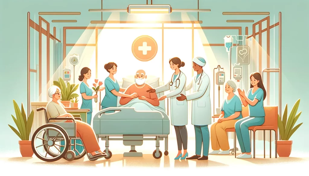 A warm and friendly illustration that encompasses the theme of hospitalization and care for vulnerable groups. The image should be visually simple and