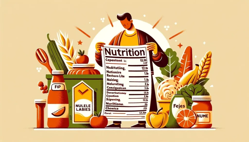 A warm and friendly illustration that represents the concept of healthy eating habits based on informed choices. The image should include various heal