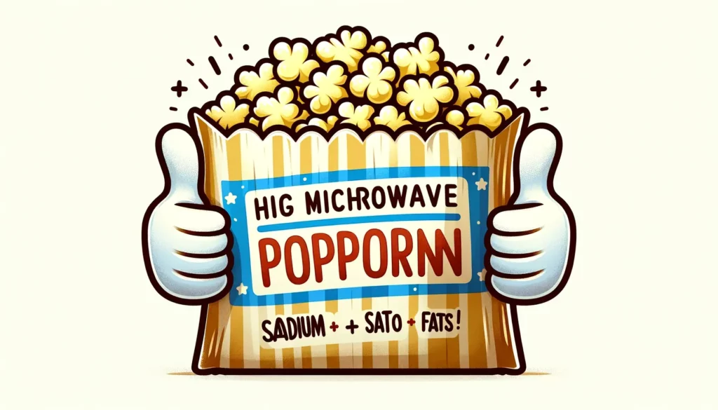 A wide, friendly, and memorable illustration depicting the concept of microwave popcorn that is high in sodium and saturated fats. The image should sh
