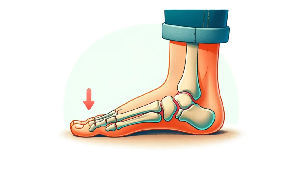An educational illustration depicting hallux valgus, a foot condition where the big toe bends towards the other toes, causing a bunion on the joint. T