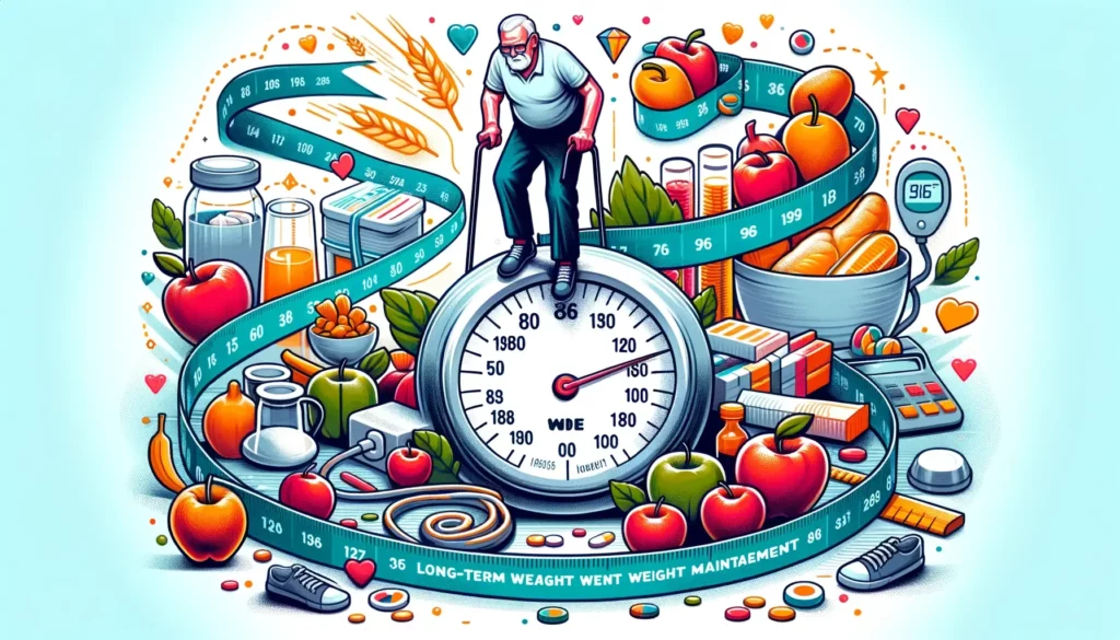 An engaging and memorable wide illustration representing the concept of long-term weight management based on a large-scale nutritional study. The imag