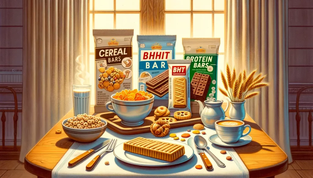 An illustration depicting a breakfast scene with cereal bars and protein bars on a table. The bars should be in attractive packaging, emphasizing thei