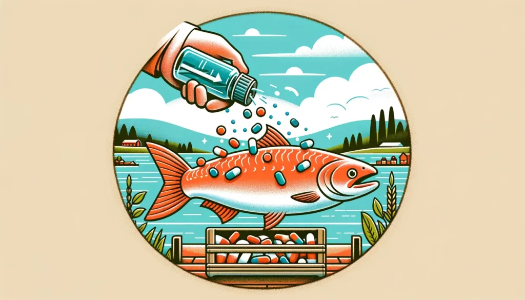 An illustration depicting a farmed salmon, known for its rich omega-3 fatty acids beneficial for heart health. The salmon is being treated with antibi