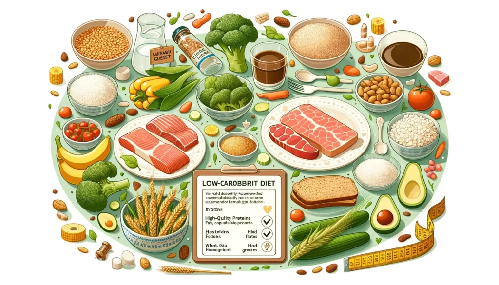 An illustration depicting a healthy low-carbohydrate diet recommended by Harvard University research. The image includes high-quality proteins, fats,