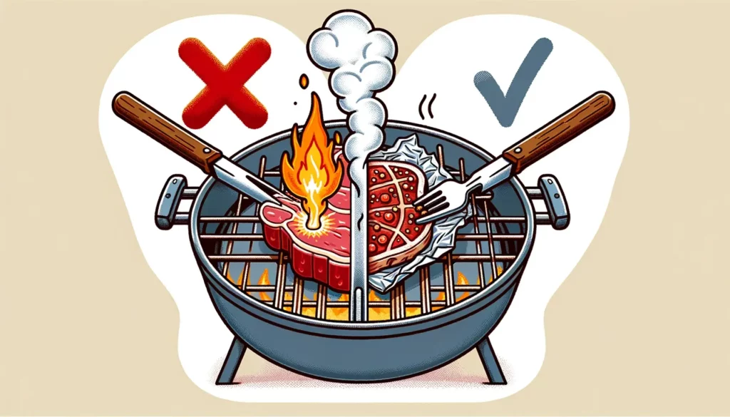 An illustration depicting the concept of carcinogens in grilled meats when cooked at high temperatures, and the methods to prevent it. The image shows