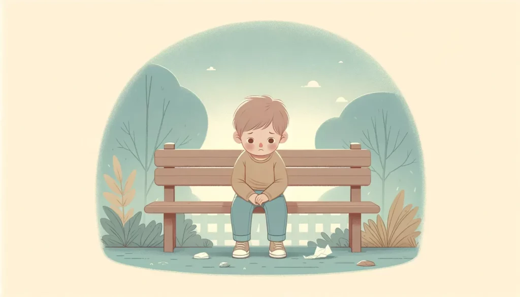 An illustration depicting the concept of childhood stress in a non-threatening, friendly manner. The image features a young child sitting alone on a b