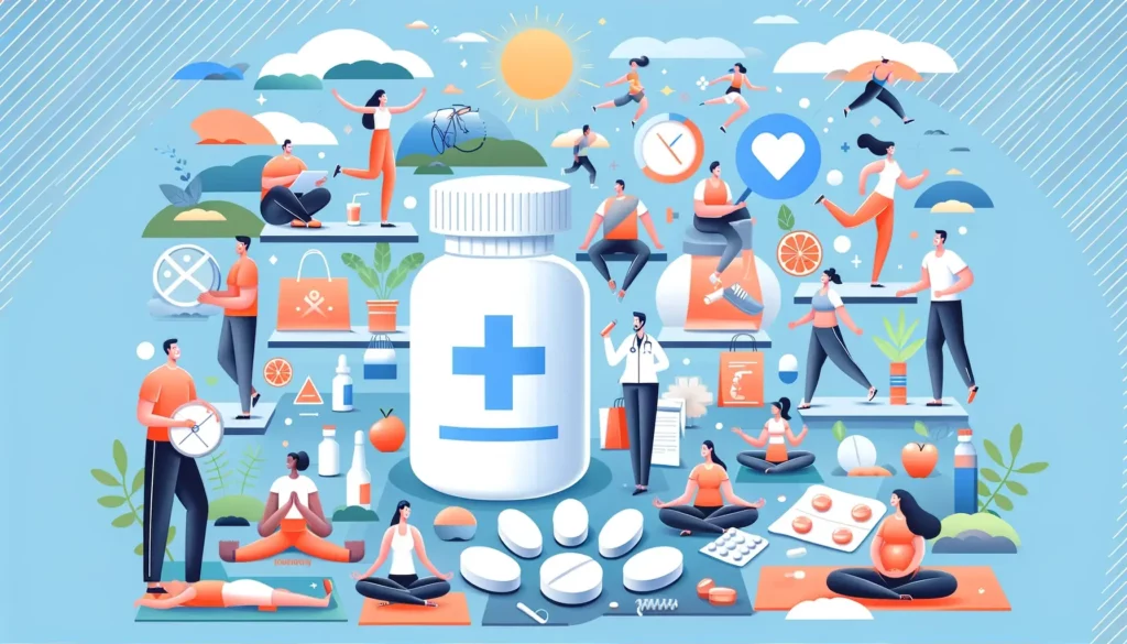 An illustration depicting the concept of combining healthy lifestyle habits with medication for weight loss. The image should be friendly and memorabl