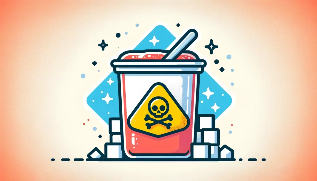 An illustration depicting the concept of sugary flavored yogurt being potentially harmful to health. The image should be in a friendly, simple style,