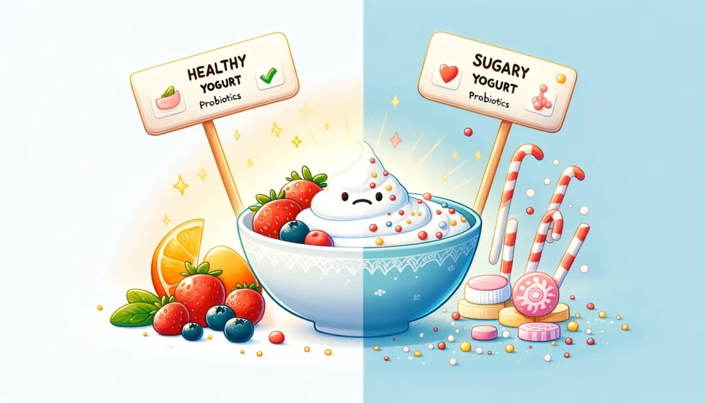 An illustration depicting the contrast between healthy yogurt and sugary yogurt. On one side, there's a bowl of plain Greek yogurt, representing a hea