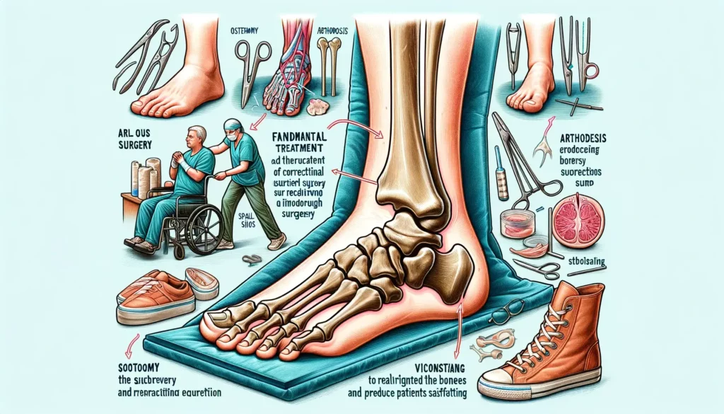 An illustration depicting the fundamental treatment of hallux valgus (bunion) through surgery. The image should visually represent the concept of corr
