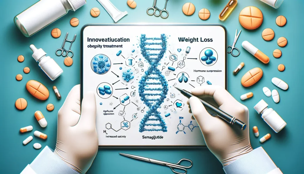 An illustration representing new weight loss medication. The image should depict a friendly and memorable visual, symbolizing the innovation in obesit