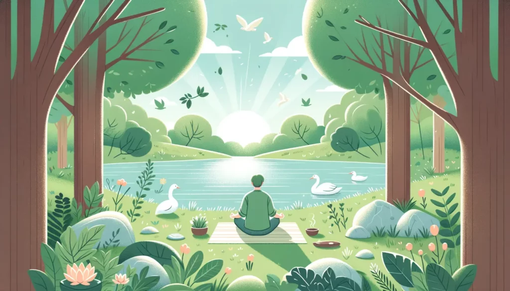 An illustration representing the importance of stress reduction. The scene is serene and calming, featuring a person sitting in a peaceful outdoor set