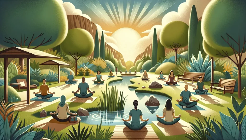 An illustration symbolizing stress management advice from the CDC. The image includes a calm and serene environment, possibly a tranquil outdoor setti