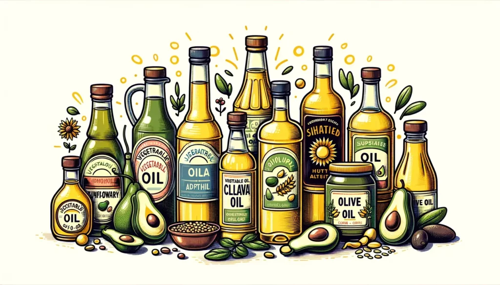 An illustrative and friendly image depicting the concept of vegetable oils and their impact on health. The image includes a variety of vegetable oil b