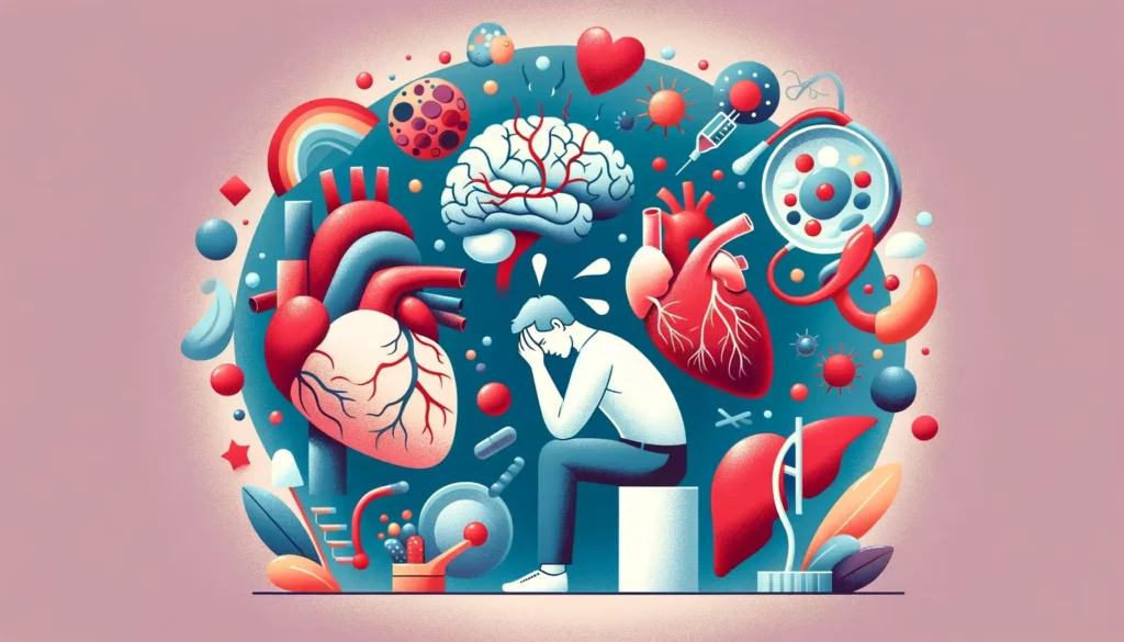 An illustrative image depicting the impact of stress on cardiovascular and metabolic diseases. The image should be wide, making it suitable for a head