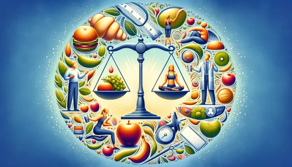 An inspiring and memorable illustration representing the concept of weight loss and maintenance. The image should include symbolic elements like a bal