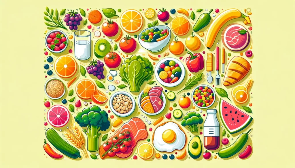A bright, engaging illustration that encapsulates the essence of a healthy diet. The image should feature a variety of colorful fruits, vegetables, wh
