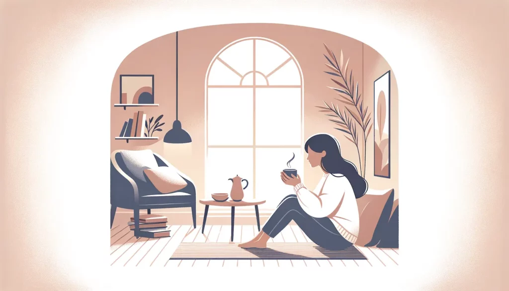 A comforting, simplistic illustration capturing the tender moment of a woman sitting in a softly lit, cozy room, looking thoughtfully out of a large w