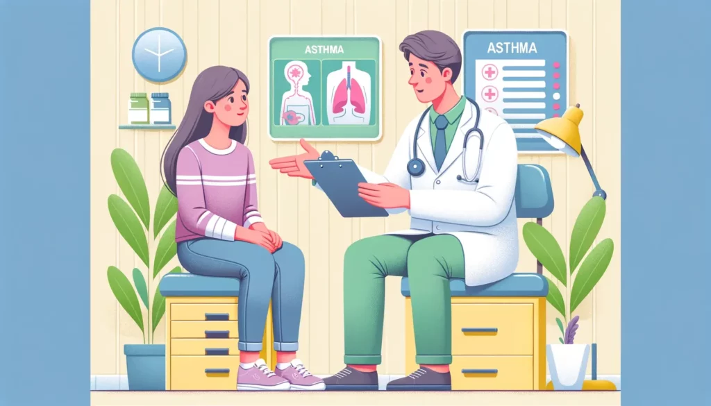 A friendly and approachable illustration depicting a person consulting with a doctor about asthma treatment. The setting is a comfortable and welcomin