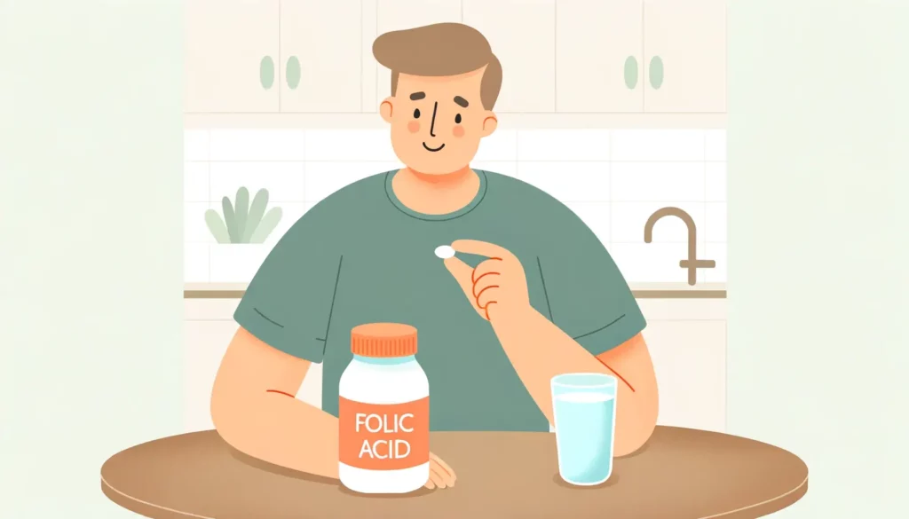 A friendly-looking man sitting at a table with a bottle of folic acid supplements in front of him. He is holding a pill in one hand and a glass of wat