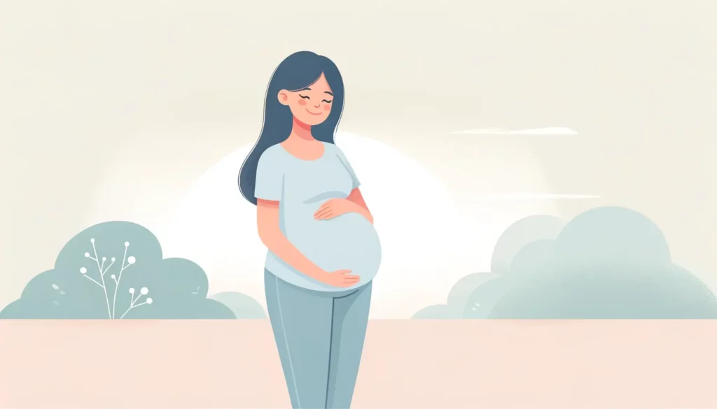 A heartwarming and simple illustration of a pregnant woman standing in a serene and open space, radiating a sense of calm and happiness. The woman is