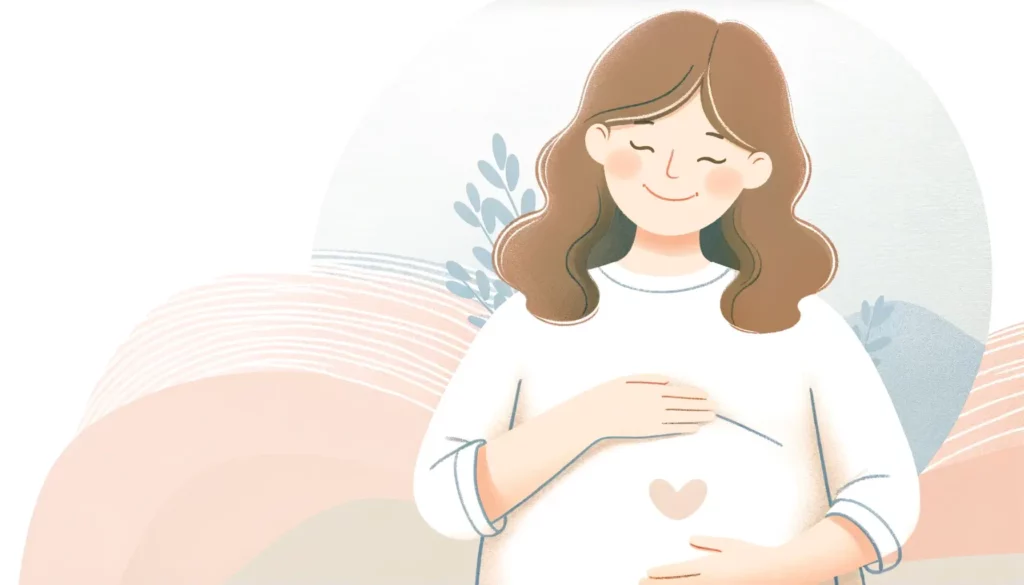A heartwarming illustration of a pregnant woman, radiating happiness and comfort. The scene is simple and uncluttered, focusing on the woman's content