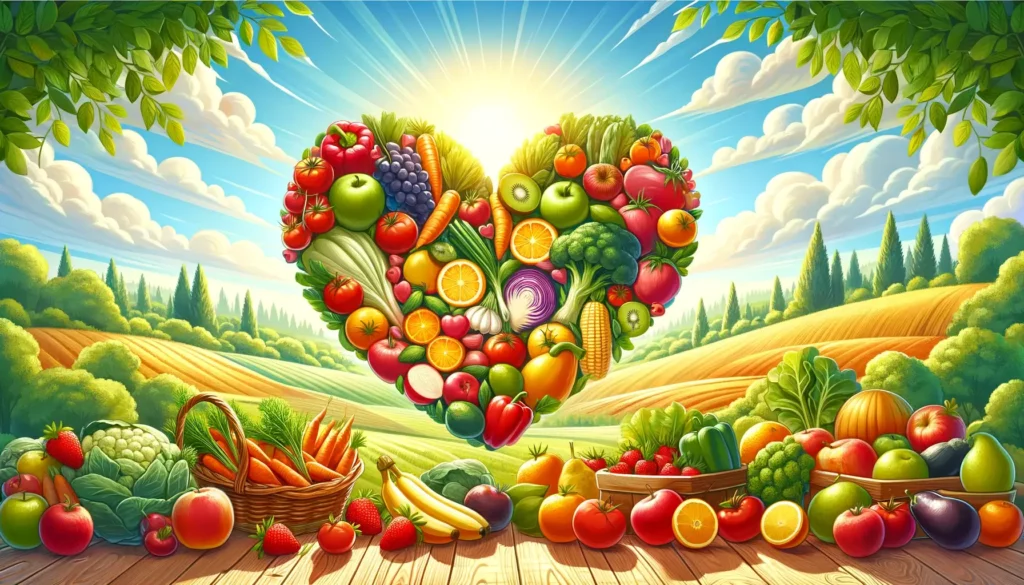 A vibrant and engaging wide illustration depicting a variety of fresh fruits and vegetables arranged in a heart shape on a wooden table, with a clear,