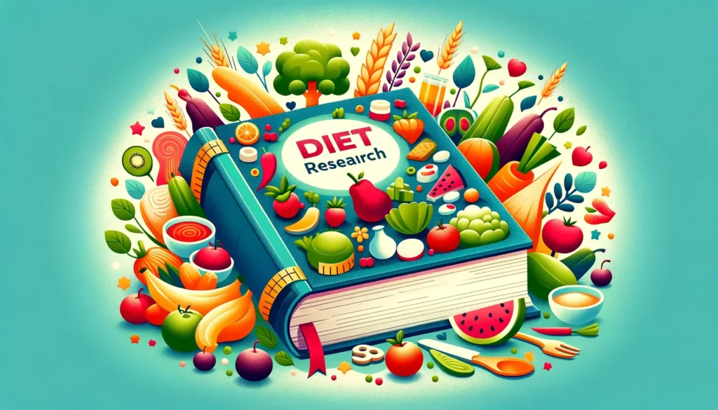 A vibrant, welcoming illustration that encompasses the theme of diet research. The image features a large, colorful book opened to a page about health