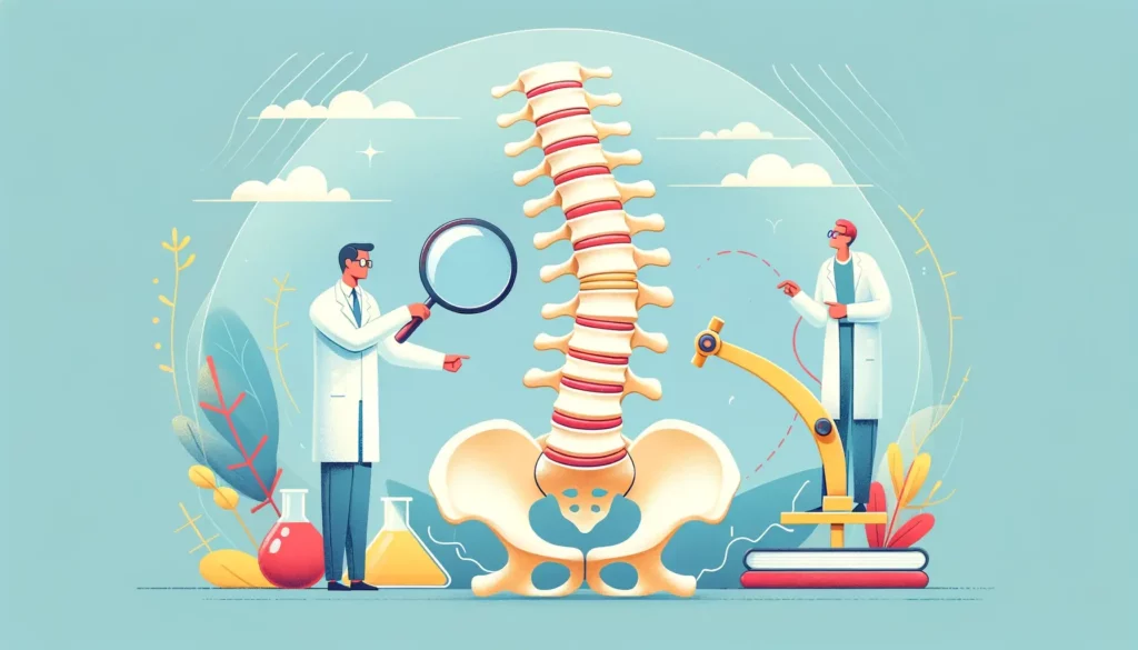 A visually engaging and friendly illustration representing research on spinal stenosis. The image should feature elements such as a simplified, styliz