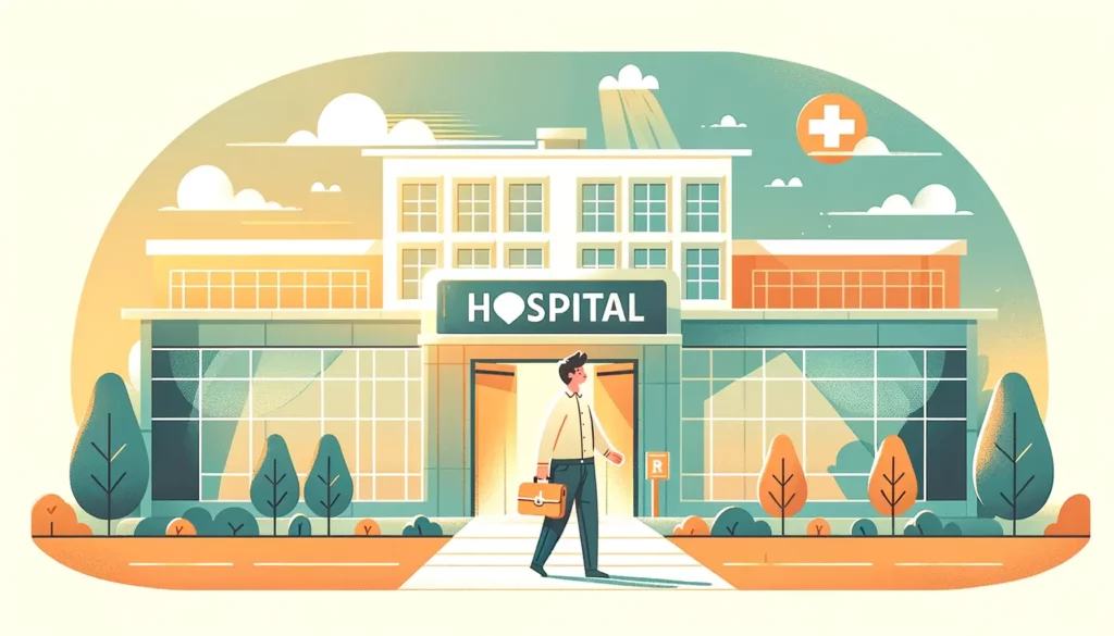 A warm and friendly illustration depicting a person visiting a hospital to get treatment for asthma. The scene is set outside a welcoming, modern hosp