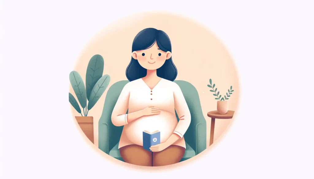 A warm and friendly illustration depicting a pregnant woman sitting comfortably on a chair, holding a small book about pregnancy and anemia. She has a