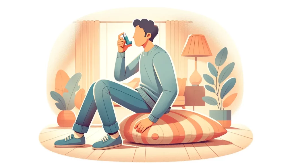 A warm and friendly illustration that effectively represents a person experiencing asthma symptoms, aiming for simplicity and memorability. The scene